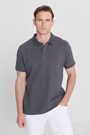 Erkek Antrasit %100 Pamuk Kıvrılmaz Pike Polo Yaka Slim Fit Dar Kesim Tişört