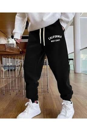 Erkek Calıfornıa Baskılı Jogger Paçası Lastikli Regular Fit  Kalıp Siyah Eşofman Altı