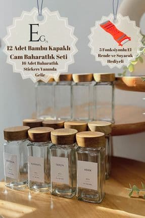 Bambu Kapaklı 12 Adet Cam Baharatlık Seti Yanında 16 Adet Sticker Hediyeli...