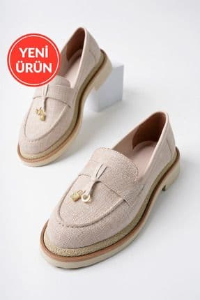 Loressa Model Bej Keten Kadın Loafer Günlük Ayakkabı