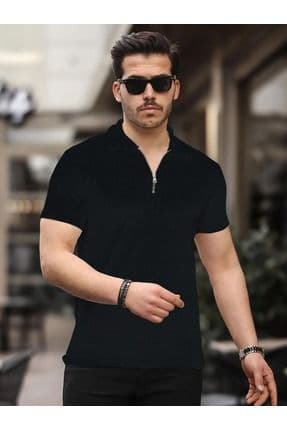David Erkek Fermuarlı Polo Yaka Pamuklu Kumaş Siyah  Kısa Kollu T-shirt