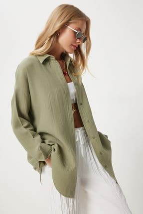 Oversize Basic Müslin Gömlek Çağla Yeşili Lmx0002