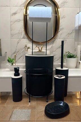Lüks Siyah 6lı I Banyo Seti Metal Standlı Tuvalet Wc Kağıtlık Şık Tasarım