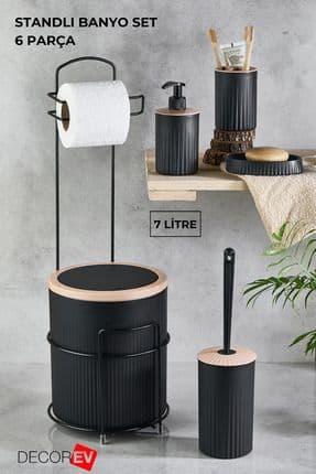 Büyük Banyo Standlı 6'lı WC Seti  7 Litre Çöp Kovası, Siyah