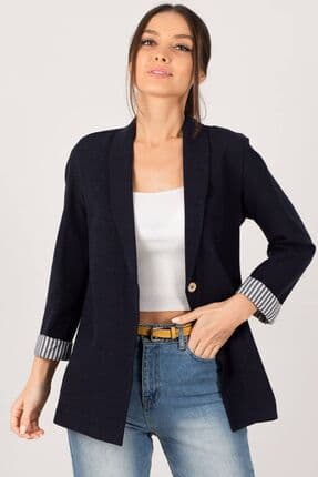 Kadın Koyu Lacivert Kol İçi Çizgili Tek Düğmeli Ceket ARM-22K001122