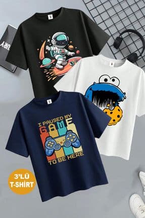 Kurabiye Canavarı Baskılı 3'lü Paket Unisex Lacivert-Siyah-Beyaz Çocuk T-Shirt