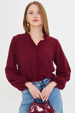 Kadın Bordo Yakası Ve Önü Fırfır Detaylı Kolları Lastikli Uzun Kollu Bluz ARM-25K001030