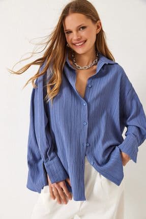 Kadın Düşük Omuz Oversize Basic Bürümcük Gömlek 60392 60271069