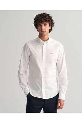 Erkek Beyaz Slim Fit Düğmeli Yaka Broadcloth Gömlek