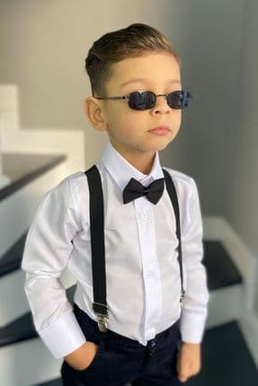 Erkek Çocuk Uzun Kol Beyaz Gömlek Askı Papyon Takım
