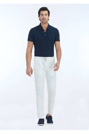 Ekru Çizgili Dokuma Jogging Fit Casual Keten Karışımlı Pantolon