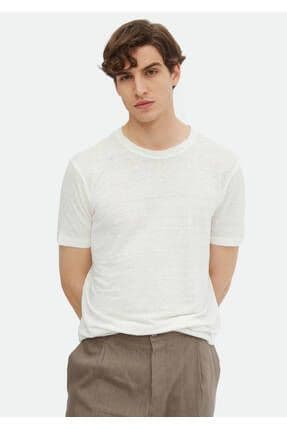 Ekru Düz Bisiklet Yaka %100 Keten T-Shirt
