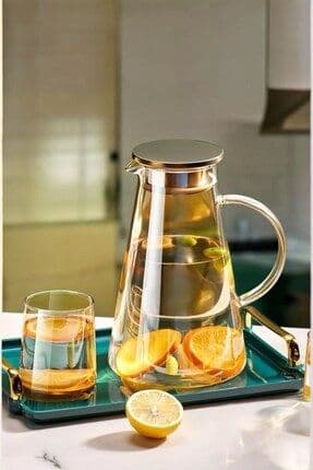 Borosilikat Cam Metal Kapaklı Lüks Sürahi 1900 ml Gold
