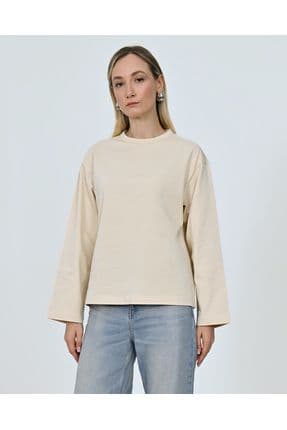 Kadın Bisiklet Yaka Pamuklu Oversize Fit Uzun Kollu Basic Bej T-shirt