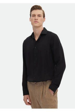 Siyah Düz Regular Fit Dokuma Casual Gömlek
