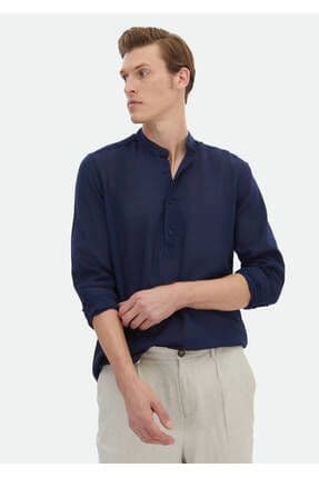 Lacivert Düz Regular Fit Dokuma Casual %100 Pamuk Gömlek