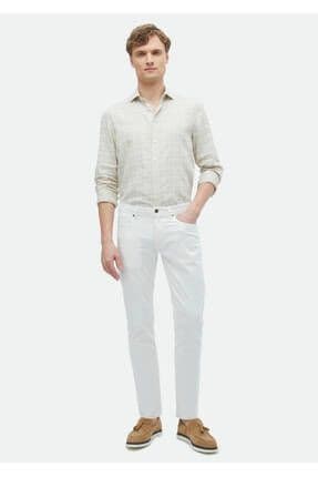 Ekru Düz Dokuma Slim Fit Casual Pamuk Karışımlı Pantolon