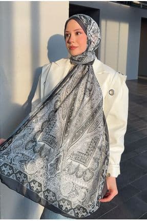 Retro Desen Pamuk Şal Siyah Beyaz