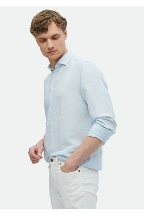 Mavi Çizgili Regular Fit Dokuma Casual Keten Karışımlı Gömlek