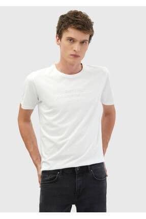 Beyaz Baskılı Bisiklet Yaka %100 Pamuk T-Shirt