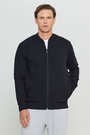 Erkek Siyah Pamuklu Standart Fit Normal Kesim Kolej Yaka Yan Cep Sweatshirt Ceket