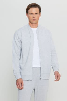 Erkek Gri Melanj Pamuklu Standart Fit Normal Kesim Kolej Yaka Yan Cep Sweatshirt Ceket