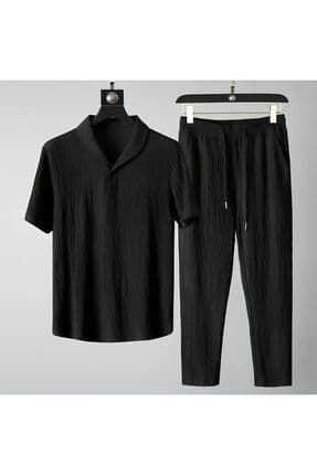 Bürümcük Krinkıl T-shirt Pantolon Takım - Siyah Regular Bebe Yaka