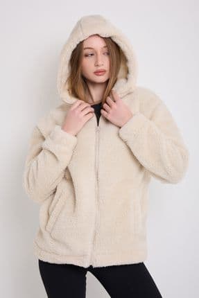 Spor Kadın Ekru Peluş Rüzgar Geçirmez Welsoft Çift Cepli Kapüşonlu  Mont