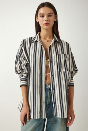 Çizgili Oversize Gömlek KREM SİYAH LSF0002
