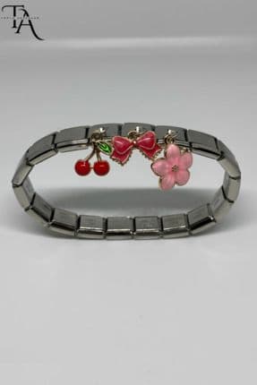 Kiraz Kurdele ve Sakura Çiçeği Charm Hediyeli İtalyan Charm Bileklik Çelik