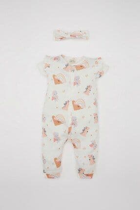 Kız Bebek Yenidoğan 2'li Takım Dinazor Baskılı Kısa Kollu Waffle Tulum Bandana C9484a524sm