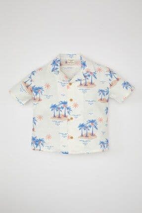 Erkek Bebek Apaş Yaka Twill Palmiye Desenli Kısa Kollu Gömlek C9193a524sm
