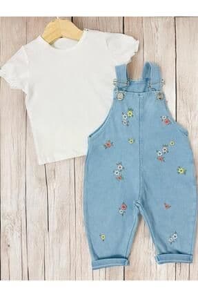Renkli Çiçek Nakışlı Kot Görünümlü Örme Kumaş Yazlık T-shirt 2li Salopet Set