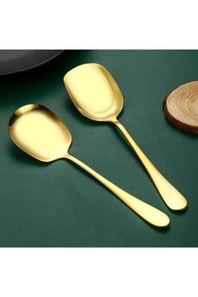 Pratik 2 ADET Paslanmaz Gold Çelik Lüx Servis Salata Kaşığı Spatula Çelik Yemek Servis Kaşığı 21cm