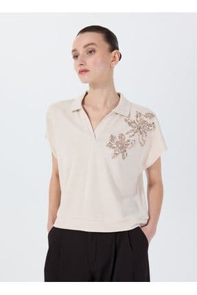 Polo Yaka Payetli Bej Kadın T-Shirt F5SL-TST0191