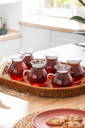 15528 Keyfi Ala 6'lı 200 ml Borosilikat Cam Kulplu Çay Bardağı Seti