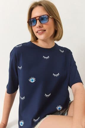 Kadın Göz Baskılı Kısa Kollu Pamuklu Oversize T-Shirt 60283184