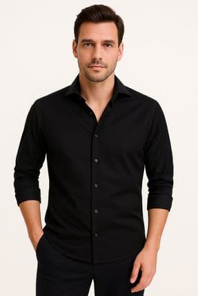 Slim Fit Siyah Italyan Yaka Armürlü Uzun Kollu Kolay Ütülenebilir Nefes Alan Dört Mevsim Gö