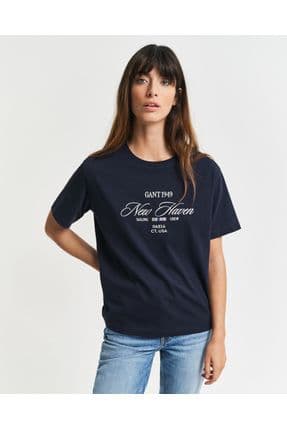 Kadın Lacivert Relaxed Fit Bisiklet Yaka Logolu T-shirt