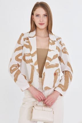 Kadın Vizon Kruvaze Yaka Desenli Crop Ceket ARM-24Y001058