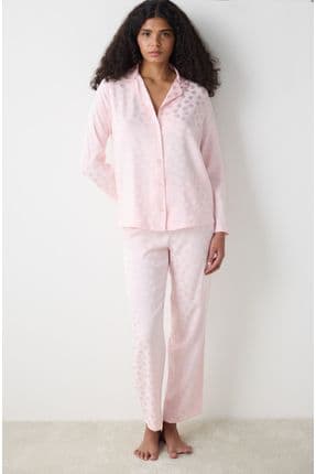 Pink Heart Saten Gömlek Pantolon Pijama Takımı - Loves Paris Koleksiyonu