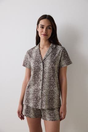 Printed Kahverengi Gömlek Şort Pijama Takımı