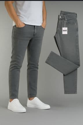 Erkek Açık Gri Slim Fit Dar Paça Lazerli Kot Pantolon