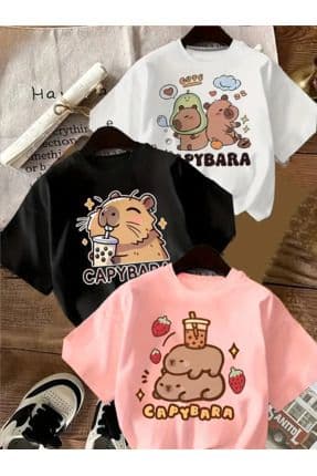 Kız Çocuk 3'lü Paket "Sevimli Hayvan Capybara'' Baskılı Siyah Pembe Beyaz Rahat Tişört