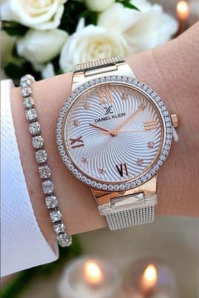 Rose Gold/metalik Çelik Bilezik Taşlı Kadın Kol Saati + Zirkon Taşlı Bileklik