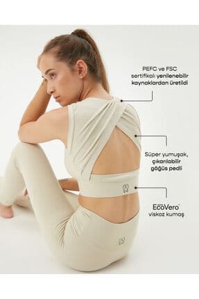 Krema Sırt Dekolteli Drape Detaylı Crop Sırt Pencereli Büstiyer