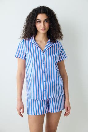 Amelia Gömlek Şort Çizgili Mavi Pijama Takımı