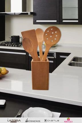 Standlı Ahşap Tahta Kaşık Seti Yemek Servis Sunum Kaşık Seti Ahşap Kaşıklık ( 5 Parça )