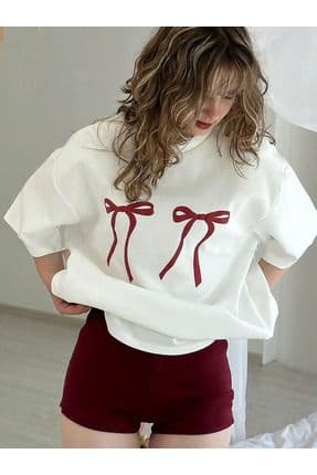 Unisex Erkek/Kadın KURDELE Renkli Özel Baskılı Oversize Pamuklu Bisiklet Yaka T-Shirt Tişört