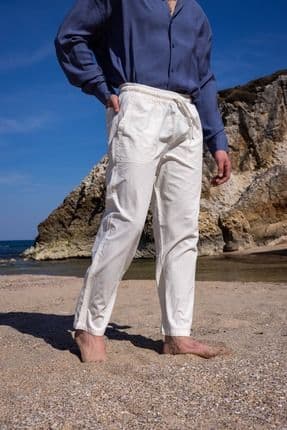 RELAXED FIT PAMUKLU KIRIK BEYAZ KETEN PANTOLON